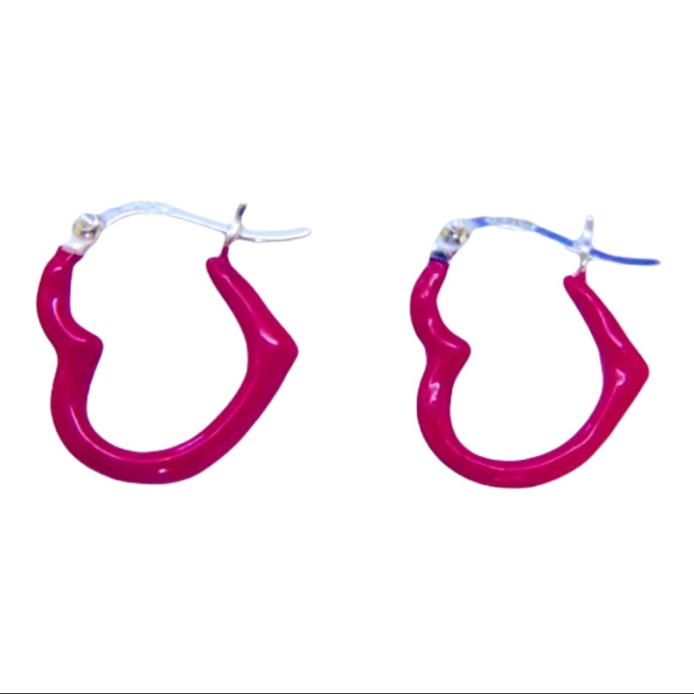 Solid Sterling Silver Open Heart Red Enamel Hoop Earrings 925K